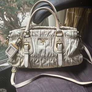 Prada Beige Gathered Leather Shoulder Bag